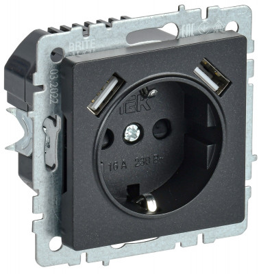 BRITE Роз. с з/к/ш 16А с USB A+A 3,1А РЮш10-2-БрЧ черн. IEK, BR-R14-16-U21-D31-K02