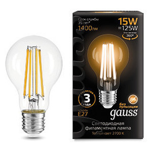 Лампа Gauss Filament А60 15W 1400lm 2700К Е27 LED 1/10/40, 102902115