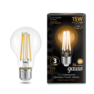 Лампа Gauss Filament А60 15W 1400lm 2700К Е27 LED 1/10/40, 102902115