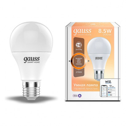 Лампа Gauss Smart Home A60 8,5W 806lm 2700К E27 диммируемая LED 1/10/40, 1050112