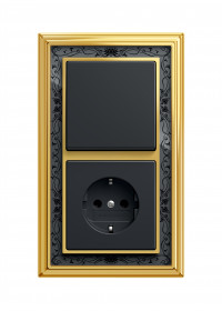 ABB Блок: Выключатель 1-клавишный с розеткой 2к+з, цвет анрацит - Латунь полированная, черная роспись, серия Династия