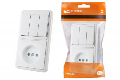 Блок комбинированный БКВР 3-х кл. выкл + розетка 2П с з/ш TDM Electric, SQ1813-0006
