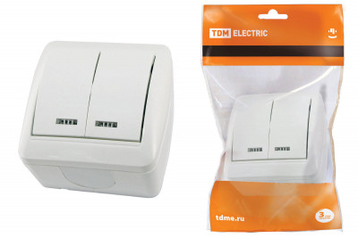 Выключатель 2-кл. открытой установки с подсветкой IP44 10А белый "Селигер" TDM Electric, SQ1818-0004