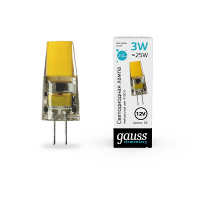 Лампа Gauss Elementary G4 12V 3W 250lm 4100K силикон LED 1/20/200, 18723