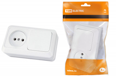 Блок комбинированный выкл. 1-кл. 10А + розетка 2П 10А 250В БКВР IP20 белый "Ладога" TDM Electric, SQ1801-0105