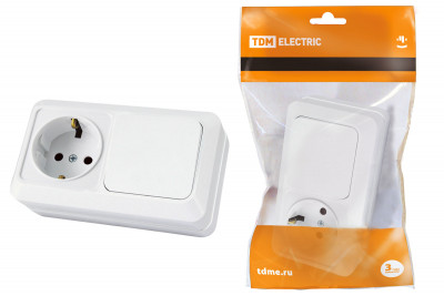 Блок комбинированный выкл. 1-кл. 10А + розетка 2П+З 16А 250В БКВР IP20 белый "Ладога" TDM Electric, SQ1801-0101