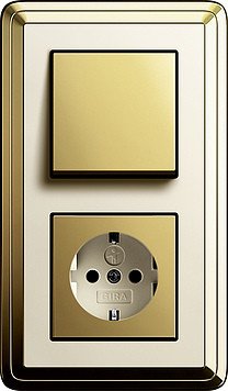 Gira Выключатель 1-клавишный с розеткой 2к+з, Латунь-Кремовый, серия Classix