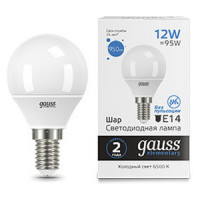 Лампа Gauss Elementary Шар 12W 950lm 6500K Е14 LED 1/10/100, 53132