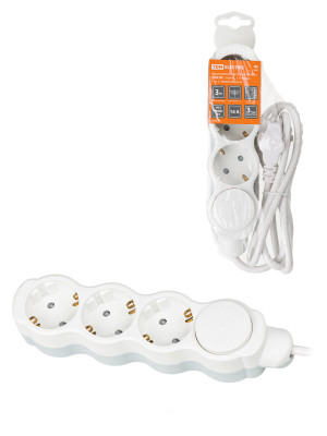 Удлинитель бытовой "Люкс" УЛ03В выкл, 3 гнезда, 3м, с/з, с з/ш, ПВС 3х1мм2 16А/250В бело-серый TDM Electric, SQ1303-0131