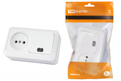 Блок комбинированный выкл. 1-кл. с/п 10А + розетка 2П 10А 250В БКВР IP20 белый "Ладога" TDM Electric, SQ1801-0107
