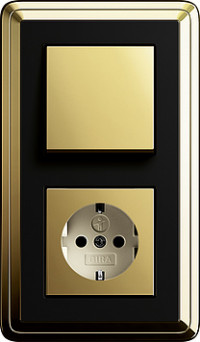 Gira Выключатель 1-клавишный с розеткой 2к+з, Латунь-Черный, серия Classix