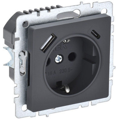 BRITE Роз. с з/к/ш 16А с USB A+C 18Вт РЮш11-1-БрГ граф. IEK, BR-R14-16-U22-018-K53