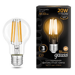 Лампа Gauss Filament А60 20W 1800lm 2700К Е27 LED 1/10/40, 102902120