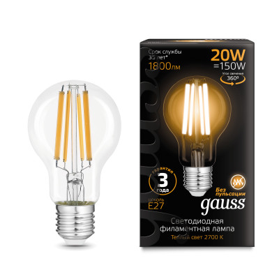 Лампа Gauss Filament А60 20W 1800lm 2700К Е27 LED 1/10/40, 102902120