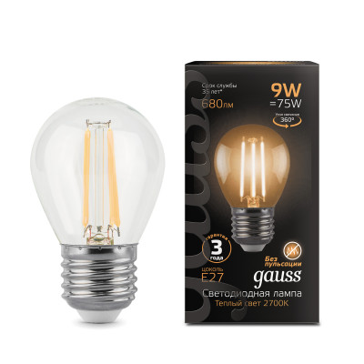 Лампа Gauss Filament Шар 9W 680lm 2700К Е27 LED 1/10/50, 105802109