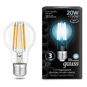 Лампа Gauss Filament А60 20W 1850lm 4100К Е27 LED 1/10/40, 102902220