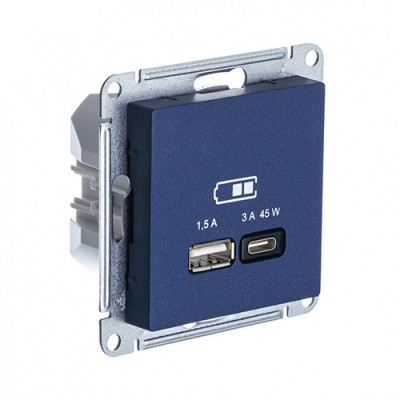 ATN001129 - ATLASDESIGN USB РОЗЕТКА A + тип-C 45Вт высокоскор.заряд. QC, PD, механизм, АКВАМАРИН, Systeme Electric