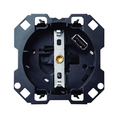 Simon 100 Розетка с заземлением и шторками Schuko 2Р+Е 16A 250В~ с з/у USB SmartCharge 2.1A 5В, 10001432-039