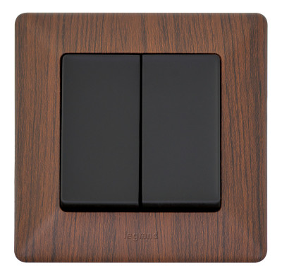 Legrand Valena LIFE. Выключатель двухклавишный 10А 250В с лицевой панелью. Безвинтовые зажимы. Антрацит., 756305