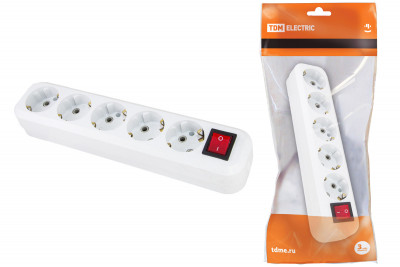 Колодка розеточная 5 гнезд 2П+3 с выключателем16А 250В белая TDM Electric, SQ1806-0037