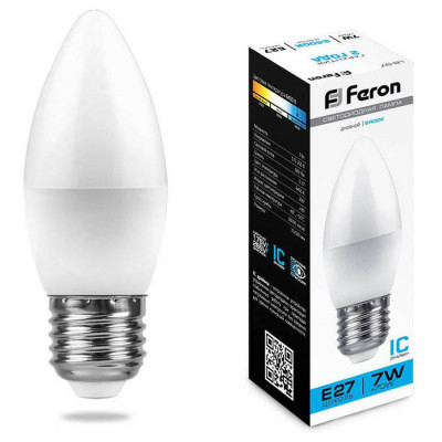 Лампа светодиодная, (7W) 230V E27 6400K C37, LB-97, Feron 25883