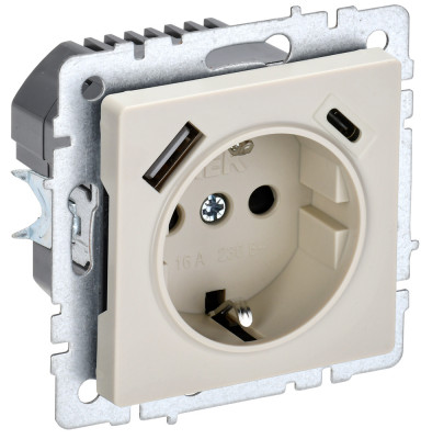 BRITE Роз. с з/к/ш 16А с USB A+C 18Вт РЮш11-1-БрКр беж. IEK, BR-R14-16-U22-018-K10