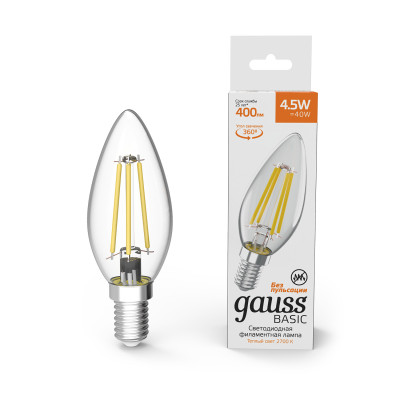 Лампа Gauss Basic Filament Свеча 4,5W 400lm 2700К Е14 LED 1/10/50, 1031115