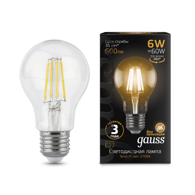 Лампа Gauss Filament А60 6W 600lm 2700К Е27 LED 1/10/40, 102802106