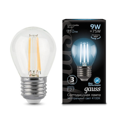 Лампа Gauss Filament Шар 9W 710lm 4100К Е27 LED 1/10/50, 105802209