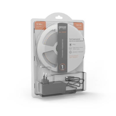 Gauss Лента Basic в комплекте 12V 12W/m 1200lm/m 3000K IP65 LED 5m 1/50, BT070