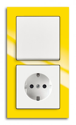 ABB Блок: Выключатель 1-клавишный с розеткой 2к+з, вставка - белый, рамка - желтый, серия Busch-axcent