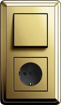 Gira Выключатель 1-клавишный с розеткой 2к+з, Латунь, серия Classix