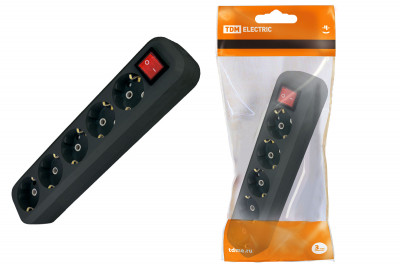 Колодка розеточная 5 гнезд 2П+3 с выключателем16А 250В черная TDM Electric, SQ1806-0137