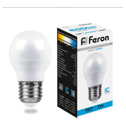 Лампа светодиодная, (7W) 230V E27 6400K G45, LB-95, Feron 25483