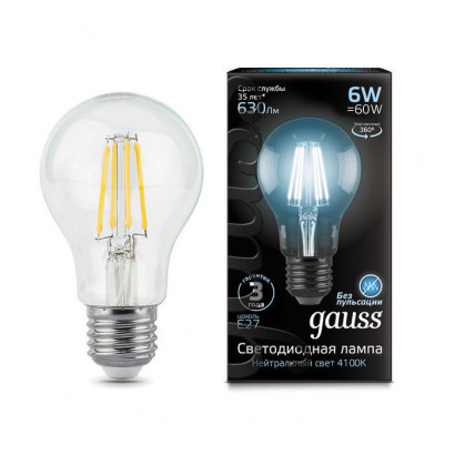 Лампа Gauss Filament А60 6W 630lm 4100К Е27 LED 1/10/40, 102802206