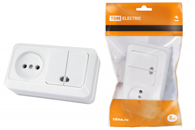 Блок комбинированный выкл. 2-кл. с/п 10А + розетка 2П 10А 250В БКВР IP20 белый "Ладога" TDM Electric, SQ1801-0108
