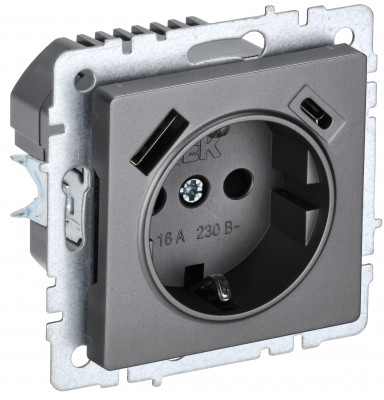 BRITE Роз. с з/к/ш 16А с USB A+C 18Вт РЮш11-1-БрС сталь IEK, BR-R14-16-U22-018-K46