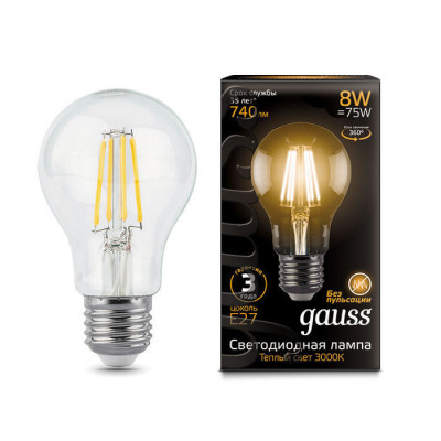 Лампа Gauss Filament А60 8W 740lm 2700К Е27 LED 1/10/40, 102802108