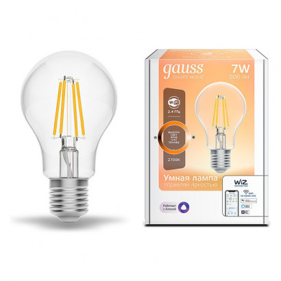 Лампа Gauss Smart Home Filament А60 7W 806lm 2700К E27 диммируемая LED 1/10/40, 1200112