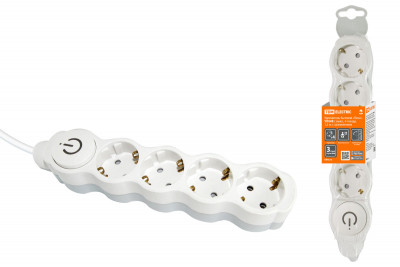 Удлинитель бытовой "Люкс" УЛ04В выкл, 4 гнезда, 1,5м, с/з, с з/ш, ПВС 3х1мм2 16А/250В бело-серый TDM Electric, SQ1303-0133