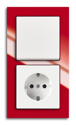 ABB Блок: Выключатель 1-клавишный с розеткой 2к+з, вставка - белый, рамка - красный, серия Busch-axcent