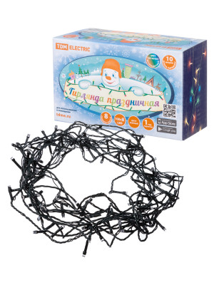 Гирлянда светодиодная СГ100MЗ10, многоцвет., зеленый шнур, 10м, 8 режимов, 250 В, TDM Electric, SQ0361-0041