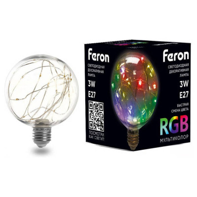 Лампа светодиодная, (3W) 230V E27 RGB G95, LB-382, Feron 41678