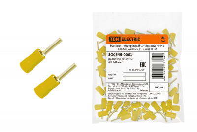 Наконечник круглый штыревой НкИш 4,0-6,0 желтый (100шт) TDM Electric, SQ0545-0003