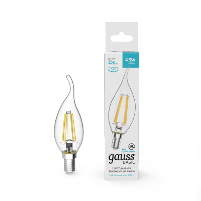 Лампа Gauss Basic Filament Свеча на ветру 4,5W 420lm 4100К Е14 LED 1/10/50, 1041125