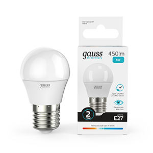 Gauss Лампа Elementary Шар 6W 450lm 4100K Е27 LED, 53226