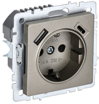 BRITE Роз. с з/к/ш 16А с USB A+C 18Вт РЮш11-1-БрШ шамп. IEK, BR-R14-16-U22-018-K37