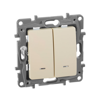 Legrand Выключатель двухклавишный с подсветкой/индикацией - Legrand Etika - 10А 250В безвинтовые зажимы - слоновая кость, 672304