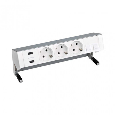 Simon 400 Алюминий Настольный розеточный блок, 3x2P+E, 2xUSB зарядное уст., адаптер для 2хRJ45, моноблок, 42523020-133