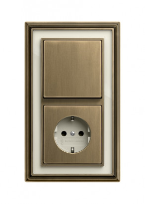 ABB Блок: Выключатель 1-клавишный с розеткой 2к+з, цвет Латунь античная, белое стекло, серия Династия